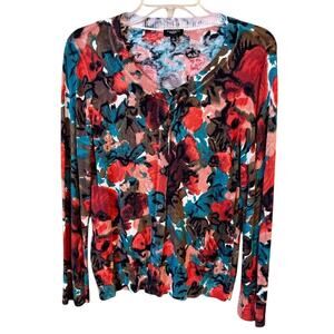 Talbots Floral Print Cardigan Long Sleeve Cotton Blend Petite Size Large